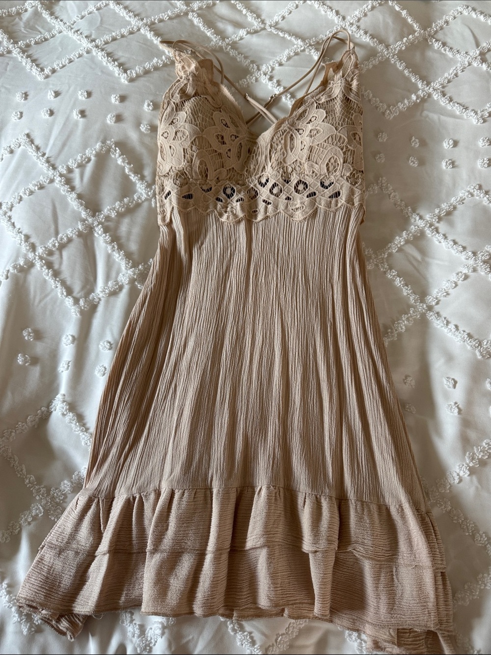 Gorgeous strappy lace detail nude/tan dress